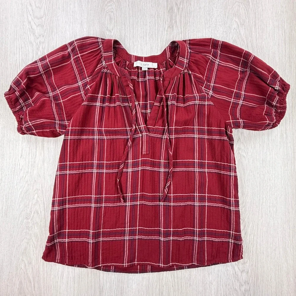 Blouse LOFT Women Small Red Plaid Short Puff Sleeve Preppy Fall Casual